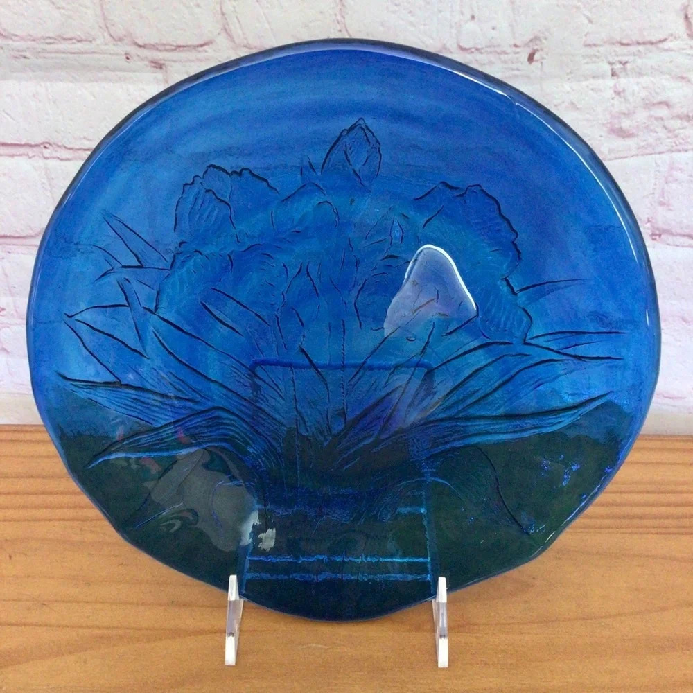 Vintage Cobalt Blue Floral Textured Glass Plate